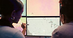 Screen, weather and women for wind broadcast for news, research and reporter. Presenter, ecology discussion and professionals with forecast on media report for meteorology update for climate change