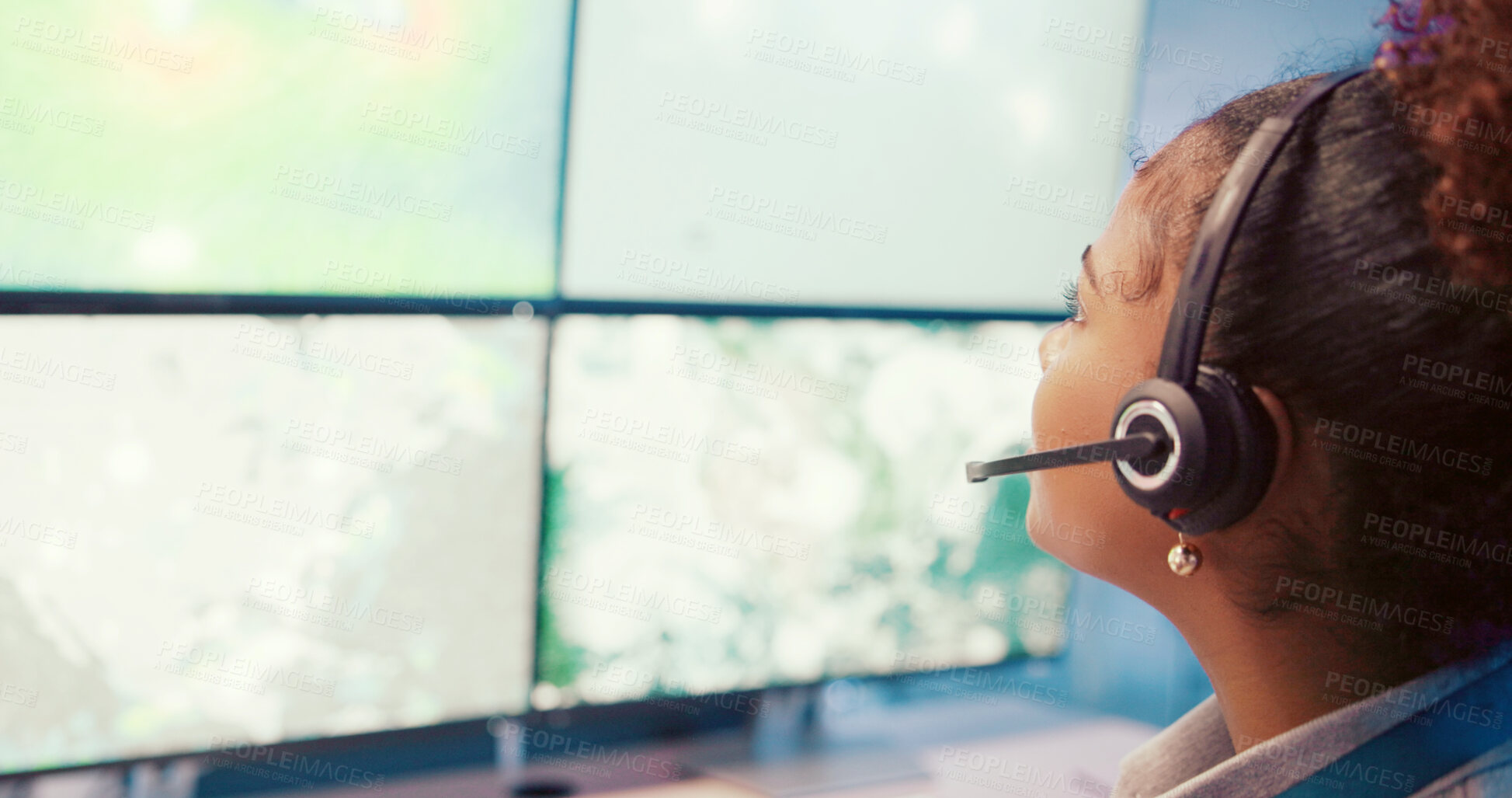 Buy stock photo Computer, screen tracking or woman with headset in control room for weather forecast, satellite maps and navigation. Meteorology, person and radar technology for climate pattern, atmosphere or system