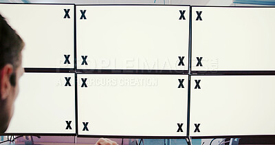 Buy stock photo Computer screens, office and mockup space for cctv, safety or security footage on monitor. Protection service, tracking markers and blank desktop with surveillance inspection in control room.