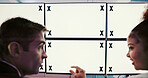 Talking, people or space on screen in control room for trading, finance or stock market prices in night. Teamwork, tracking markers or traders with mockup on monitor with technology in data center