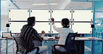 Talking, people or mockup on screen in control room for trading, finance or stock market prices in night. Teamwork, tracking markers or trader monitor with back, space or technology in data center