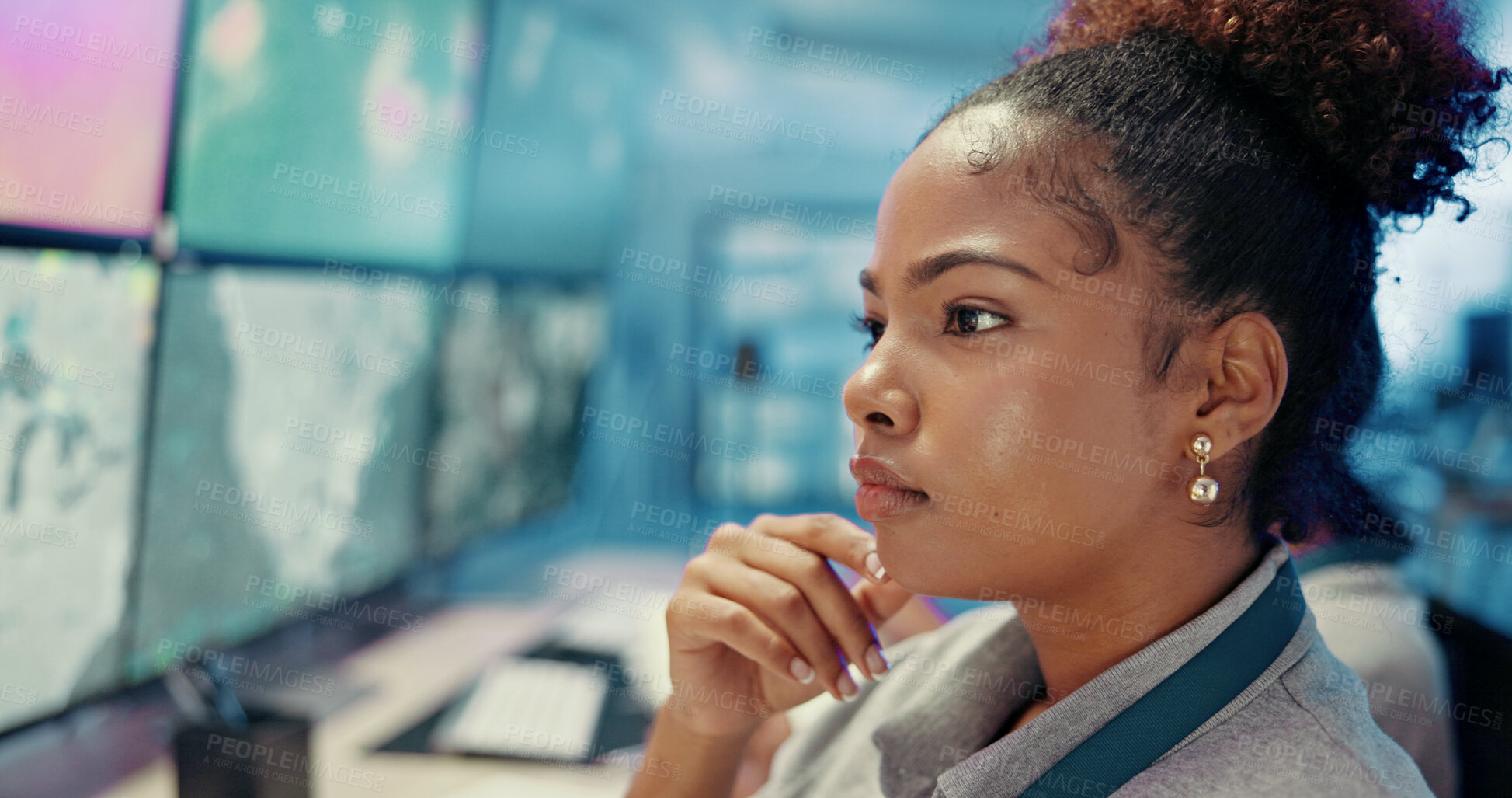 Buy stock photo Control room, thinking and woman in office, computer screen and tech for climate change, problem solving and solution. Person, meteorology or employee with surveillance, pc or results for research