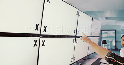 Buy stock photo Computer screen, pointing and hand of person by space for security, safety or cctv footage on monitor. Protection, tracking markers and operator by blank desktop with surveillance in control room.