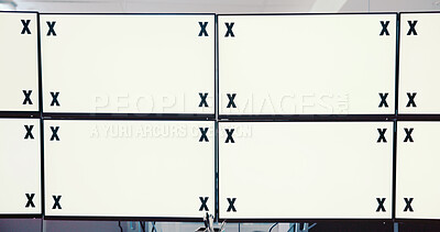 Buy stock photo Computer screens, office and mockup space for security, safety or CCTV footage on monitor. Protection service, tracking markers and blank desktop with surveillance inspection in control room.