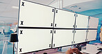 Computer screens, office and man by space for security, safety or cctv footage on monitor. Protection service, tracking markers and male guard blank desktop with surveillance in control room.