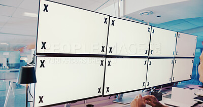 Buy stock photo Computer screens, office and man by space for security, safety or cctv footage on monitor. Protection service, tracking markers and male guard blank desktop with surveillance in control room.