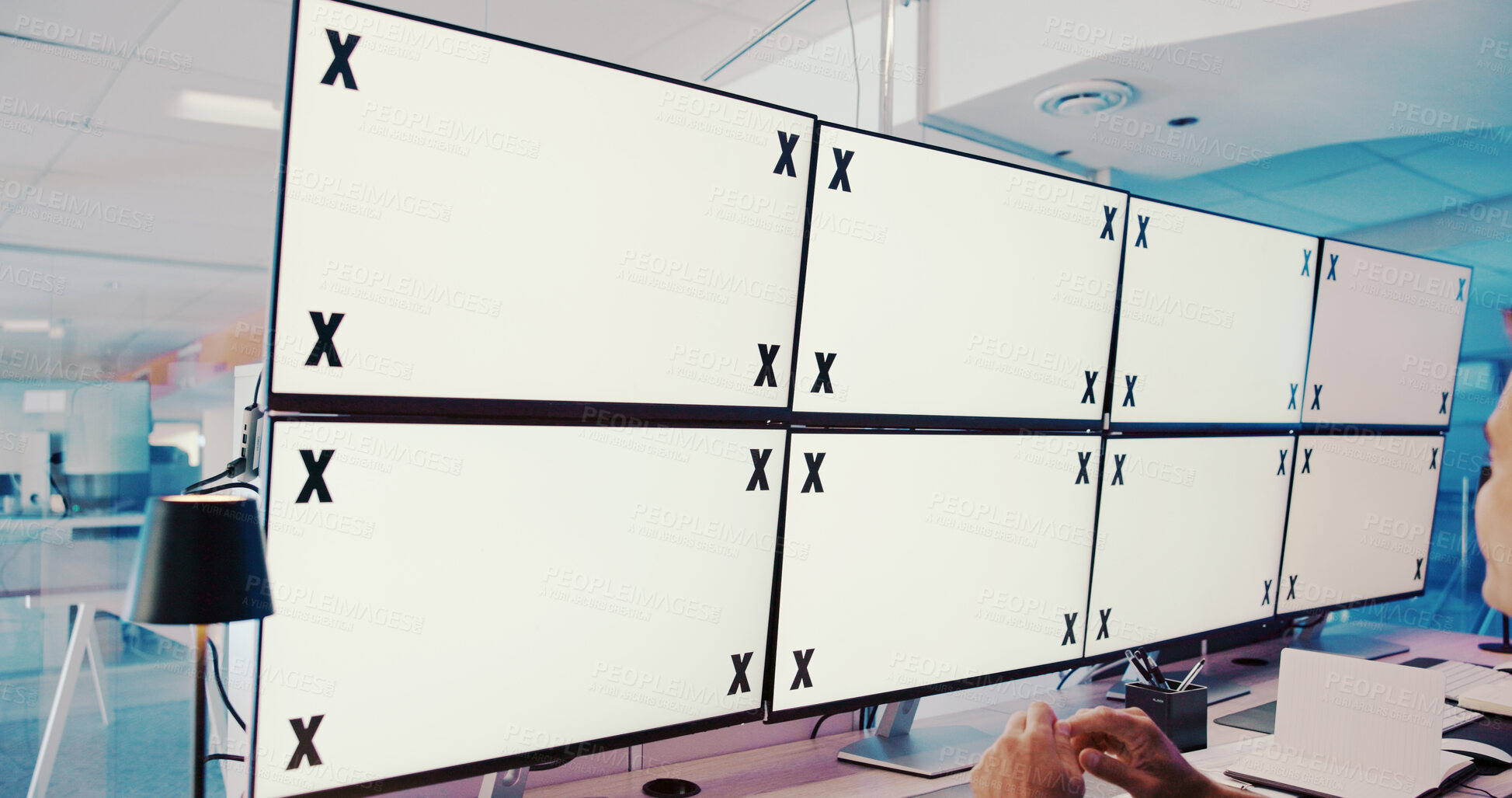 Buy stock photo Computer screens, office and man by space for security, safety or cctv footage on monitor. Protection service, tracking markers and male guard blank desktop with surveillance in control room.