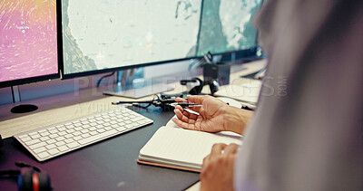 Buy stock photo Writing, computer and man with book for map for news, research or ecology in office. Monitor, check or tracking technology equipment for meteorology report, storm radar or climate change forecast