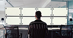 Computer, man or space on screen in control room for trading, finance or stock market prices in night. Analysis, tracking markers or trader on monitor with back, mockup or technology in data center