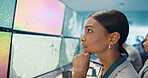 Control room, decision and woman in office, computer screen and tech for climate change, choice and solution. Person, meteorology or employee with pc, thinking or problem solving with connection