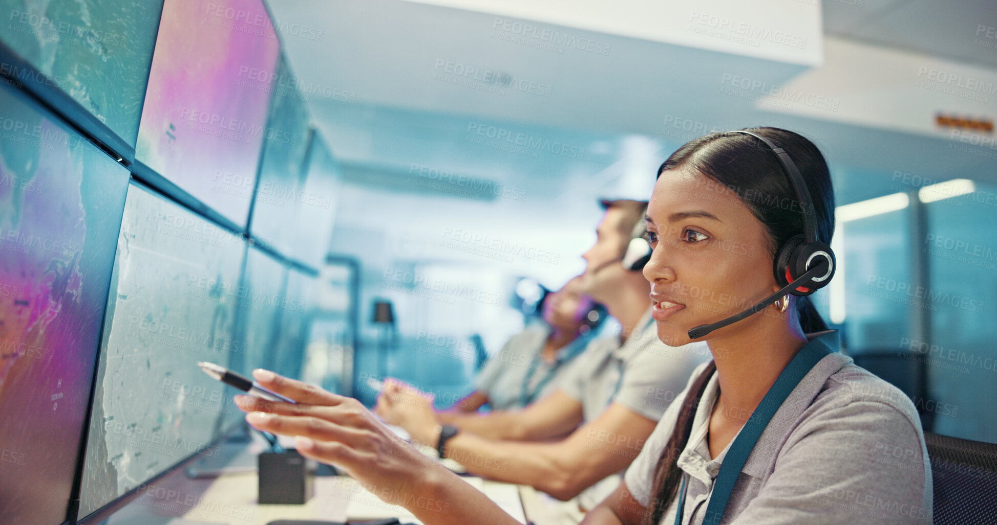 Buy stock photo Computer screen, talking or woman with headset in control room for weather pattern, satellite forecast or storm tracking. Meteorology, girl or pointing to radar system for climate monitor or planning