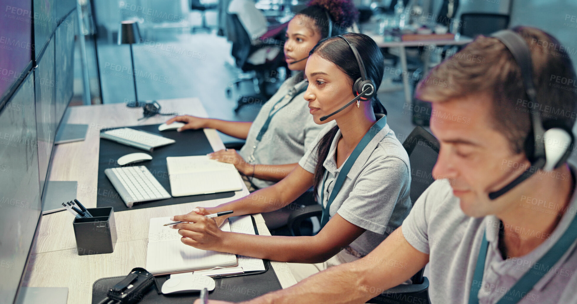 Buy stock photo Emergency, service and people on computer with headset for security, dispatcher and operator. Telecommunication, surveillance and first responders with monitor for incident report, contact and help
