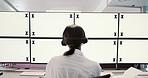Back, headset woman on computer for space, finance trading or stock market prices in night. Headset, tracking markers or consultant on monitor with financial help, mockup or system in call center 
