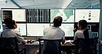 Forecast, screen and meteorology with people for weather, satellite maps or teamwork to track storm. Control room, back or scientists with monitor for broadcast news, pattern review or climate change