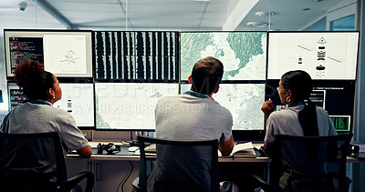Buy stock photo Forecast, screen and meteorology with people for weather, satellite maps or teamwork to track storm. Control room, back or scientists with monitor for broadcast news, pattern review or climate change
