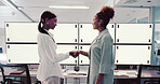 Handshake, people or space on computer in finance for trading, merger or partnership in night. Teamwork, tracking markers or women traders with mockup on monitor for hiring agreement in data center