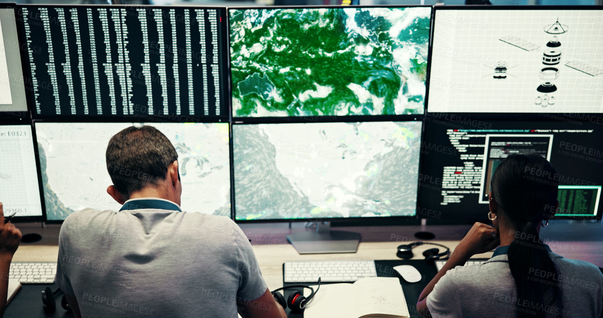 Buy stock photo Screen, people and meteorology with monitor for weather, satellite maps and team to track storm. Control room, back and scientists with forecast for broadcast news, pattern review and climate change