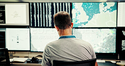Buy stock photo Screen, back or man on computer for maps for news, research or ecology in data center. Writing, check or monitor for tracking technology for meteorology report, storm radar or climate change forecast