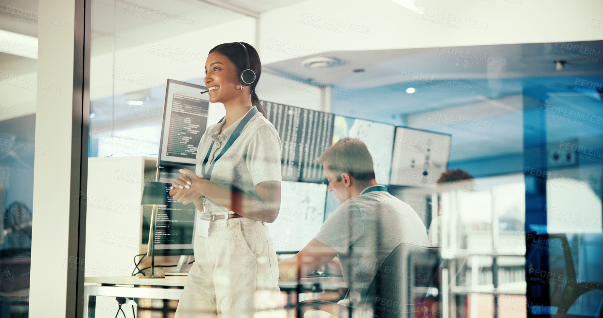 Buy stock photo Thinking, woman and meteorologist by window in office with headset for broadcast with news. Ideas, tech and female weather reporter with climate change update with forecast on media in workplace.