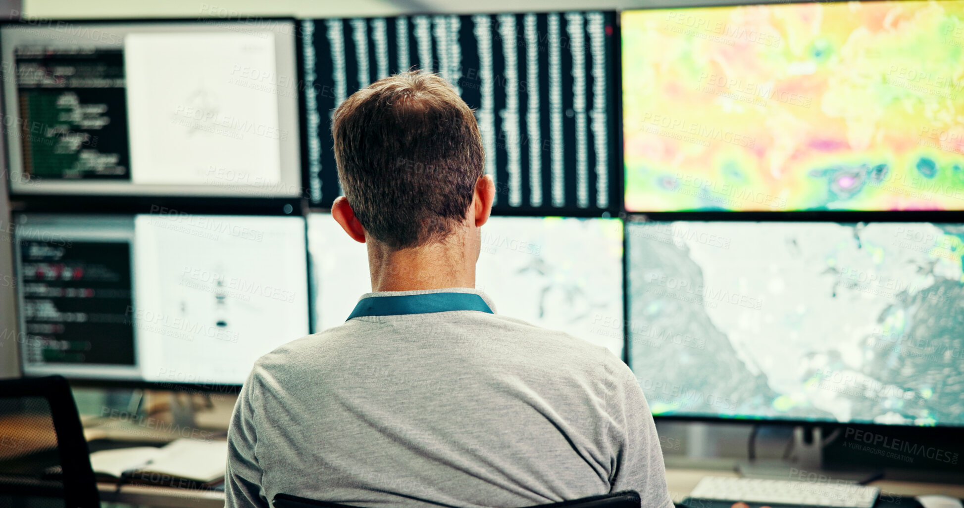 Buy stock photo Screen, weather and man for broadcast data with news, research and reporter analysis. Presenter, ecology and back of professional for forecast on media report for meteorology update or climate change