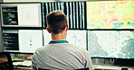 Screen, weather and man for broadcast data with news, research and reporter analysis. Presenter, ecology and back of professional for forecast on media report for meteorology update or climate change