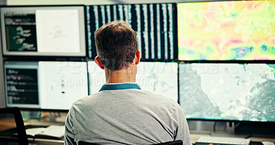 Buy stock photo Screen, weather and man for broadcast data with news, research and reporter analysis. Presenter, ecology and back of professional for forecast on media report for meteorology update or climate change