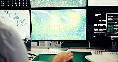 Buy stock photo Screen, weather and hand for broadcast data with news, research or reporter. Presenter man, ecology and back of journalist for forecast on media report for meteorology update or climate change