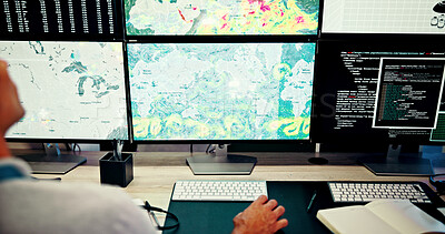 Buy stock photo Screen, ecology and hand for map data with news, wind research or reporter. Presenter man, weather broadcast and journalist for forecast on media report for meteorology update or climate change