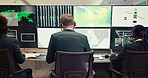 Data center, back or people with screen for maps, research or ecology in control room. Teamwork, satellite or computer for tracking technology for meteorology report, radar or climate change forecast