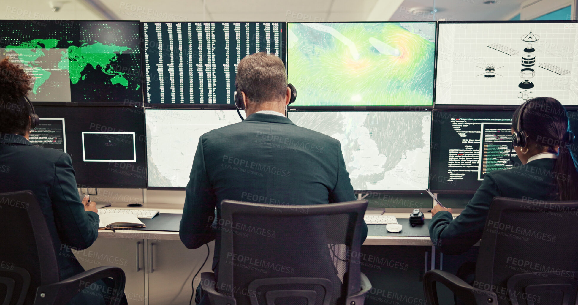 Buy stock photo Data center, back or people with screen for maps, research or ecology in control room. Teamwork, satellite or computer for tracking technology for meteorology report, radar or climate change forecast