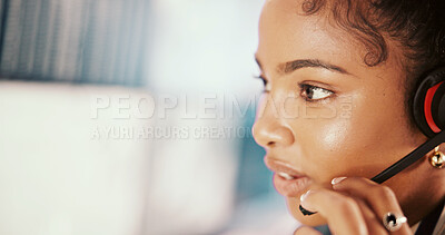 Buy stock photo Business, advice and woman with headset, call center and telemarketing with conversation. Person, employee and consultant in office, closeup and headphones with connection, internet and communication