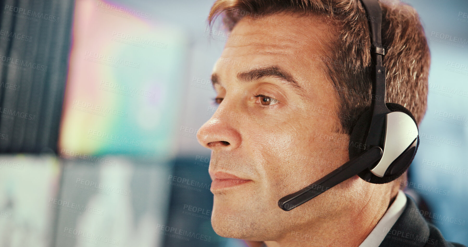 Buy stock photo Emergency, service and man with headset for security, dispatcher and operator on computer. Telecommunication, surveillance and first responder with monitor for incident report, contact and help