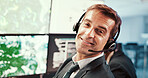 Man, meteorology and monitor with smile, forecast and headset at contact center, map and atmosphere. Mature person, happy and portrait by screen for clouds, climate change or weather research in USA
