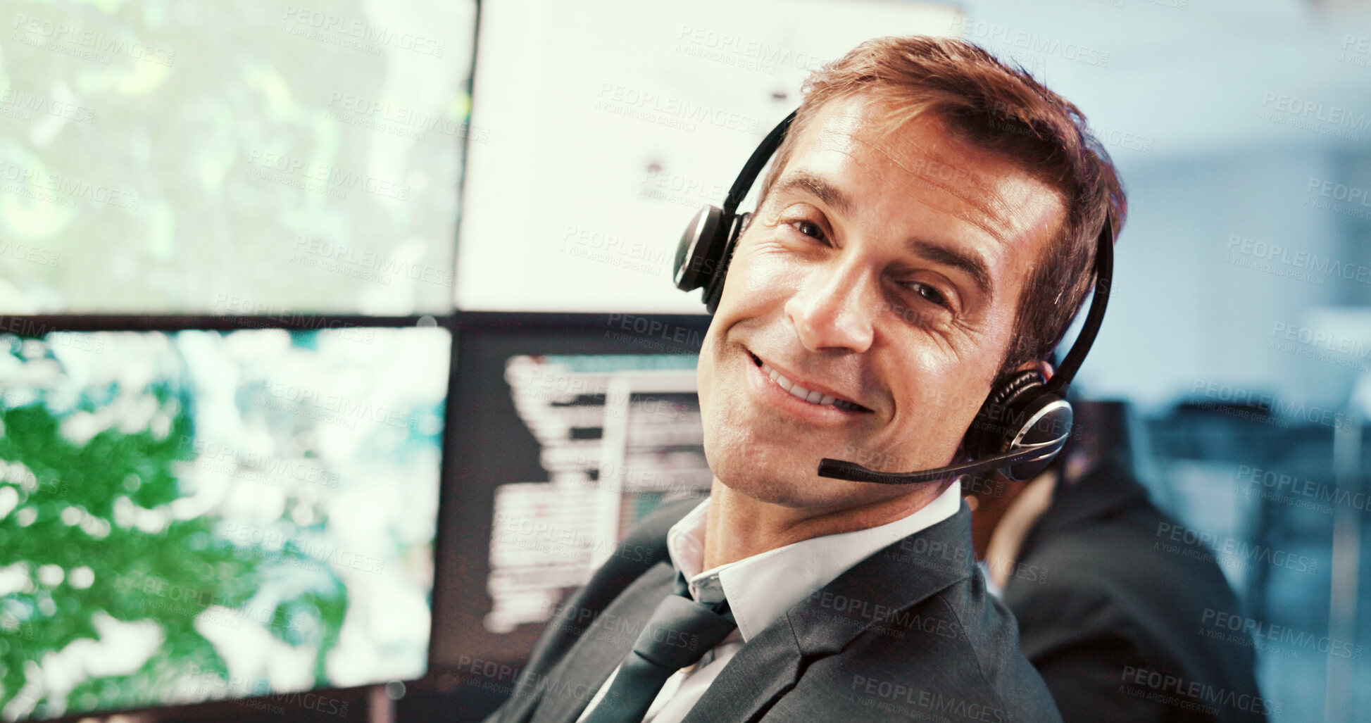 Buy stock photo Man, meteorology and monitor with smile, forecast and headset at contact center, map and atmosphere. Mature person, happy and portrait by screen for clouds, climate change or weather research in USA