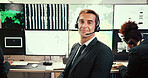 Man, meteorology and happy by monitor, forecast and headset at contact center, map and atmosphere. Mature person, smile and portrait by screen for clouds, climate change or weather research in USA