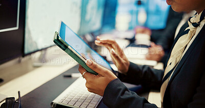 Buy stock photo Business, hands and woman in office, tablet and message to contact, airline employee and email. Closeup, consultant and person in workplace, tech and digital app with online schedule for flights