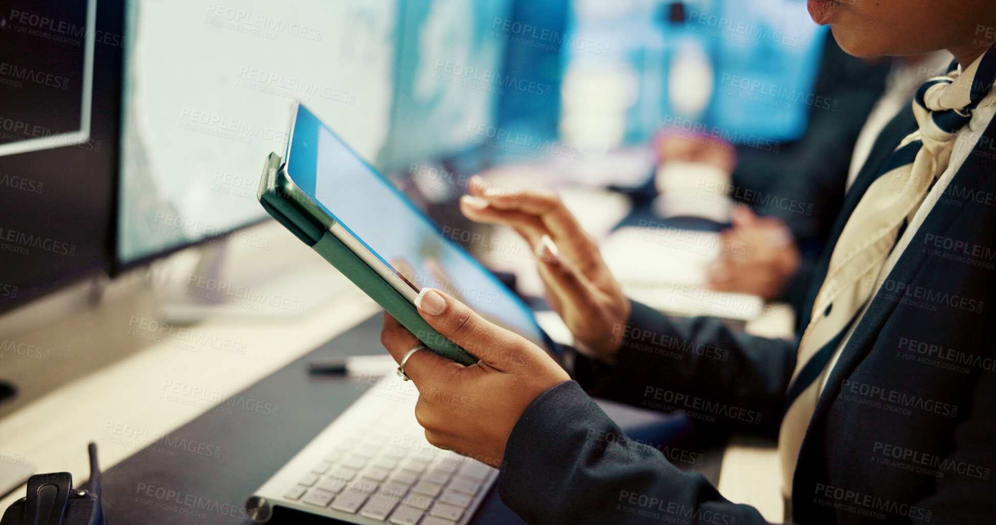 Buy stock photo Business, hands and woman in office, tablet and message to contact, airline employee and email. Closeup, consultant and person in workplace, tech and digital app with online schedule for flights