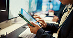 Business, hands and woman with tablet, scroll and message to contact, flight schedule and email. Closeup, airport employee and person in workplace, tech and app for online bookings and connection