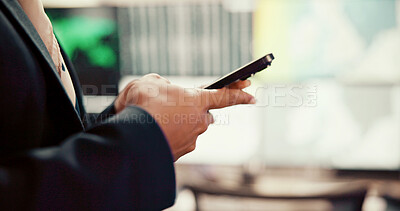 Buy stock photo Business, hands and woman in office, smartphone and message to contact, connection and email. Closeup, employee and person in workplace, cellphone and digital app with communication, internet or text