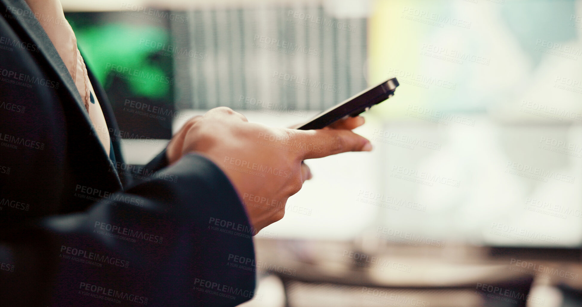 Buy stock photo Business, hands and woman in office, smartphone and message to contact, connection and email. Closeup, employee and person in workplace, cellphone and digital app with communication, internet or text