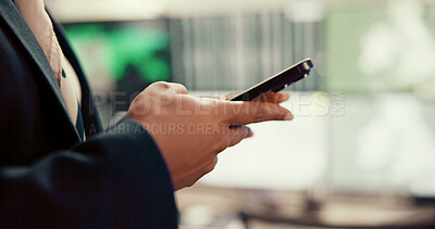 Buy stock photo Business, hands and woman with cellphone, scroll and social media with communication. Closeup, consultant and person in office, smartphone and digital app with message to contact, internet or network