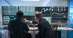 Computer screen, finance and business men for stock market, financial analytics and trading review. Fintech, office and people with monitor for online investment, revenue charts and statistics