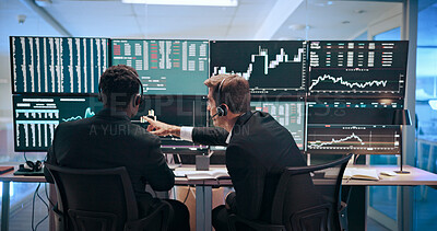 Buy stock photo Computer screen, finance and business men for stock market, financial analytics and trading review. Fintech, office and back of people with monitor for online investment, revenue charts or statistics