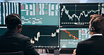 Computer screen, finance and business men for stock market, financial analytics and trading review. Fintech, office and back of people with monitor for online investment, revenue charts or statistics