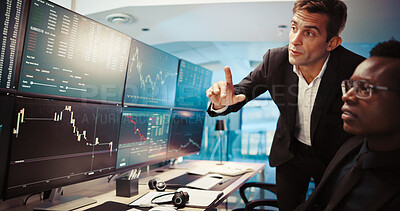 Buy stock photo Computer screen, trading and men in office, conversation and internet with financial growth. Employees, traders and advice for investment, pc and fintech with website info for stock market and stats