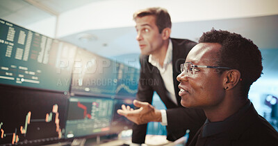 Buy stock photo Computer screen, investment and business people in office, advice and internet with connection. Employees, traders or men with pc, charts and financial growth with website info, stock market or stats
