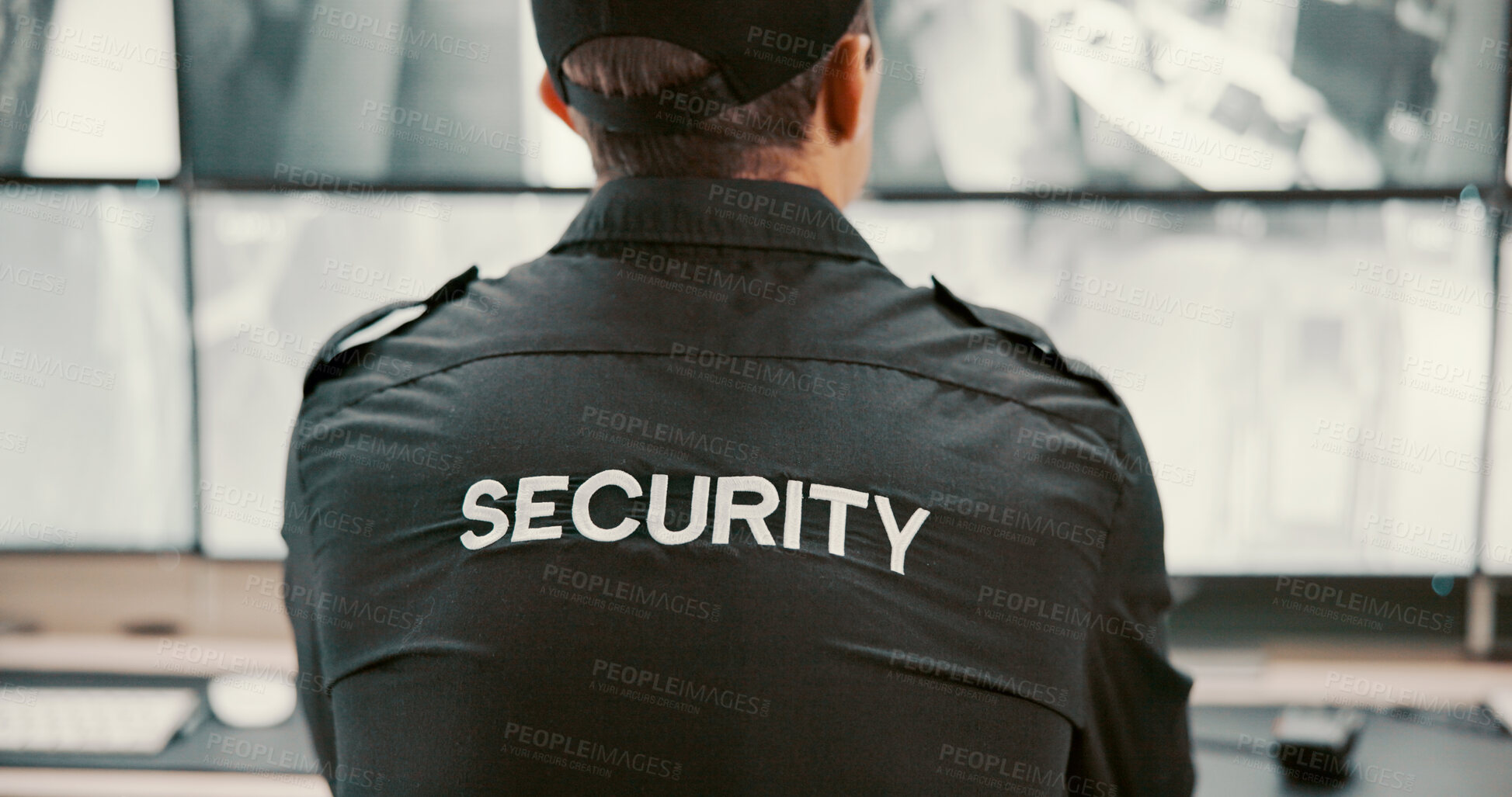 Buy stock photo Camera, security and back of person on computer screen for surveillance, inspection and monitoring. Observation, footage and guard on monitor for protection, patrol or building safety in control room