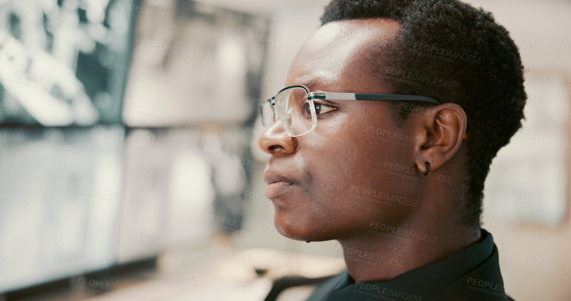 Buy stock photo Security guard, watching and man with surveillance, serious and review of footage for safety and digital. Control room, protection service and black person with tech for observation, video and system