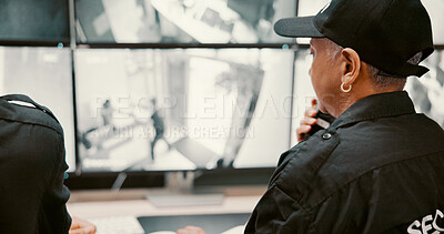 Buy stock photo Investigation, security and person on computer screen for surveillance, inspection and monitoring. Camera, footage and guard on monitor for protection, observation and building safety in control room