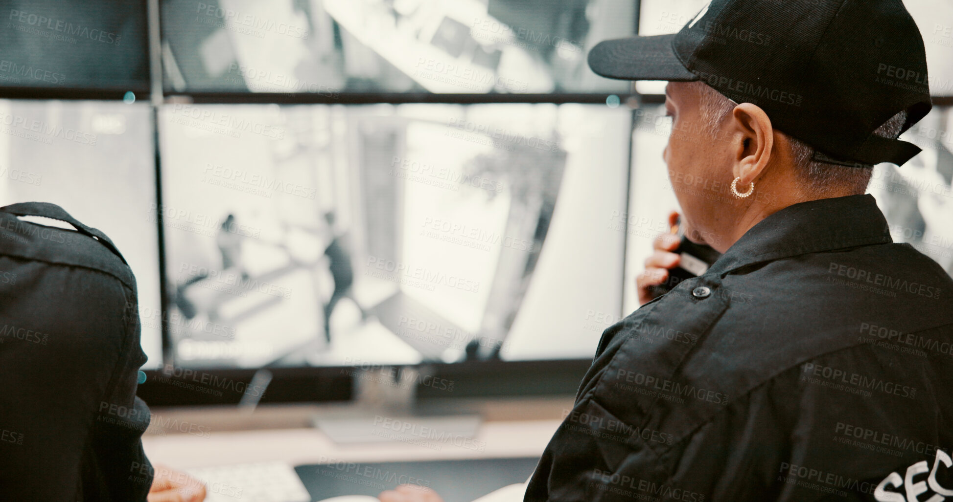 Buy stock photo Investigation, security and person on computer screen for surveillance, inspection and monitoring. Camera, footage and guard on monitor for protection, observation and building safety in control room